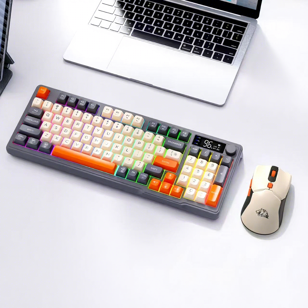 คีย์บอร์ดไร้สายบลูทูธแบบสองโหมด สีเทาและขาว