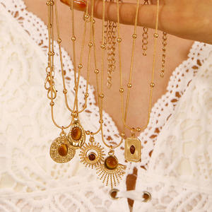 Collar de ojo de tigre marrón Retro Vintage para mujer, cadena de suéter con colgante cuadrado redondo <span class=keywords><strong>Sunshine</strong></span> para uso diario - Product Image 5