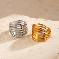 Cincin Garis Minimalis Stainless Steel Trendi Gaya Eropa dan Amerika, Cincin Terbuka Berlapis Emas 18K Gaya Instagram yang Dapat Disesuaikan