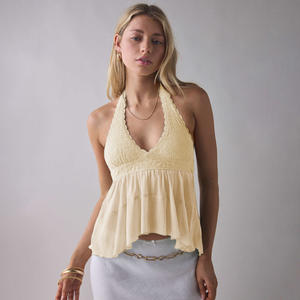 <span class=keywords><strong>2026</strong></span> नई हॉट बिक्री फीता ट्रिम पॉलिएस्टर स्पैन्डेक्स फीता कपड़े शीर्ष महिलाओं के लिए गर्मियों की फसल मीठे और मसालेदार शैली शॉर्ट हैल्टर बनियान - Product Image 4