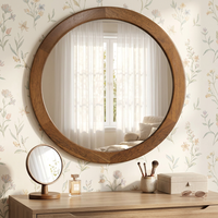 Miroir mural rond moderne en MDF poli à la main avec cadre imitation bois, couleur personnalisable, papier peint floral style cottage, pour chambre à coucher et coiffeuse