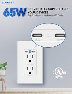 ELEGRP Enchufe USB C de Ultra Velocidad de 65 W, Enchufe de Pared de 15 Amperios con Puertos USB C, Enchufe USB Resistente a Manipulaciones para Computadora Portátil - Product Image 3