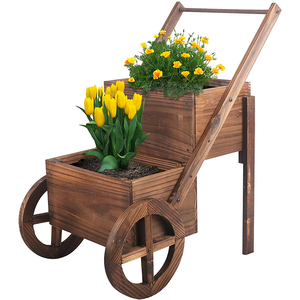 Pots de jardin décoratifs à deux roues, jardinière en bois, présentoir extérieur, grand chariot à roues - Product Image 1