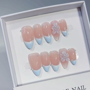 TSZS 10 Uds. <span class=keywords><strong>Uñas</strong></span> Postizas Acrílicas Reutilizables con Diseño 3D <span class=keywords><strong>de</strong></span> Concha Azul Oceánica y Flor, Hechas a Mano, Forma Almendrada, para Venta al por Mayor - Product Image 2