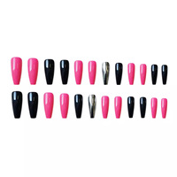 Faux ongles longs forme cercueil noir, rose vif, argenté, à presser, effet miroir brillant, couvrance totale, en acrylique, pour femmes, fournitures pour ongles