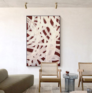 Lukisan dinding modern bergaya minimalis Prancis, garis abstrak merah-cokelat, lukisan dekoratif dinding latar belakang sofa besar kelas atas, berbingkai - Product Image 1