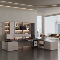 Ensemble de bureau de direction haut de gamme moderne blanc et noir en forme de L avec chaise et armoire latérale pour salle de réunion en bois