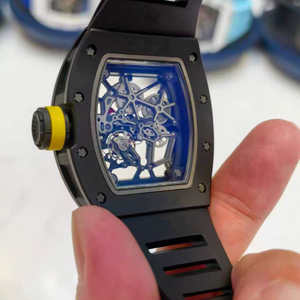 Luxury Tonneau Skeleton Mechanical <b>Watch</b> Black Matte <b>Case</b> Openwork Dial Bright Yellow Rubber Strap - Product Image 6