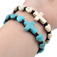 Catholique Unisexe Réglable Tissé Religieux Bracelet 10mm Coeur Synthèse Turquoise Pierre Perles Diamant Croix De Mariage Religieux