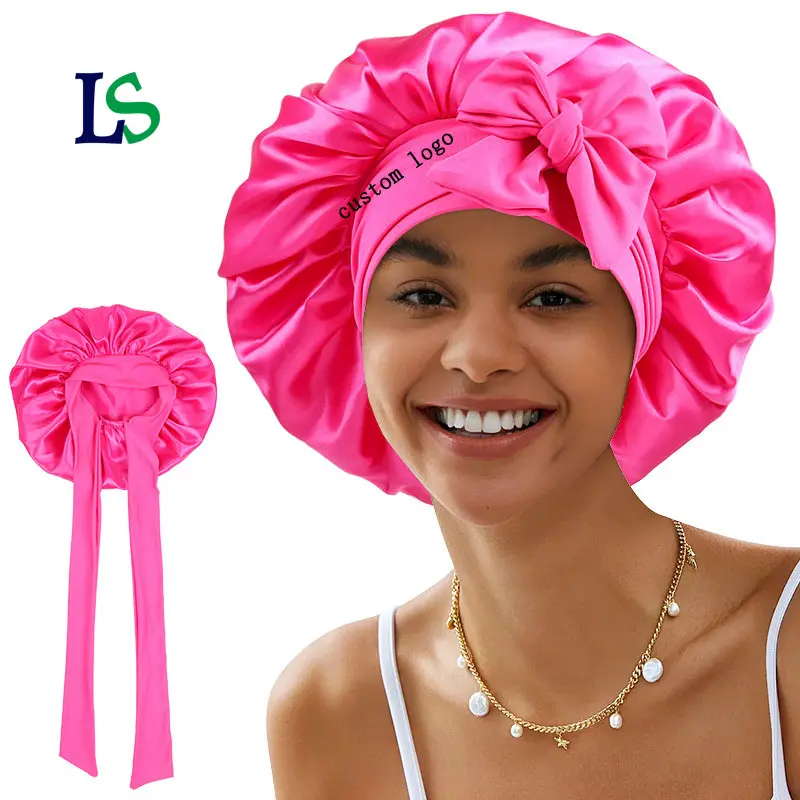 ขายส่งผู้หญิงแอฟริกันสีชมพู Sleeping Drawstring ผ้าโพกหัวถักเปียผมห่อโลโก้ที่กําหนดเองซาตินผ้าไหม bonnet