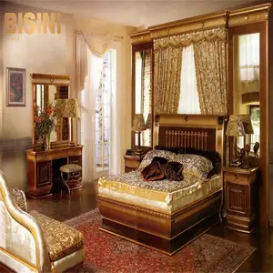 럭셔리 금박 이탈리아어 클래식 스타일 체리 나무 조각 침실 가구 골동품 5 스타 호텔 맞춤형 더블 침대
