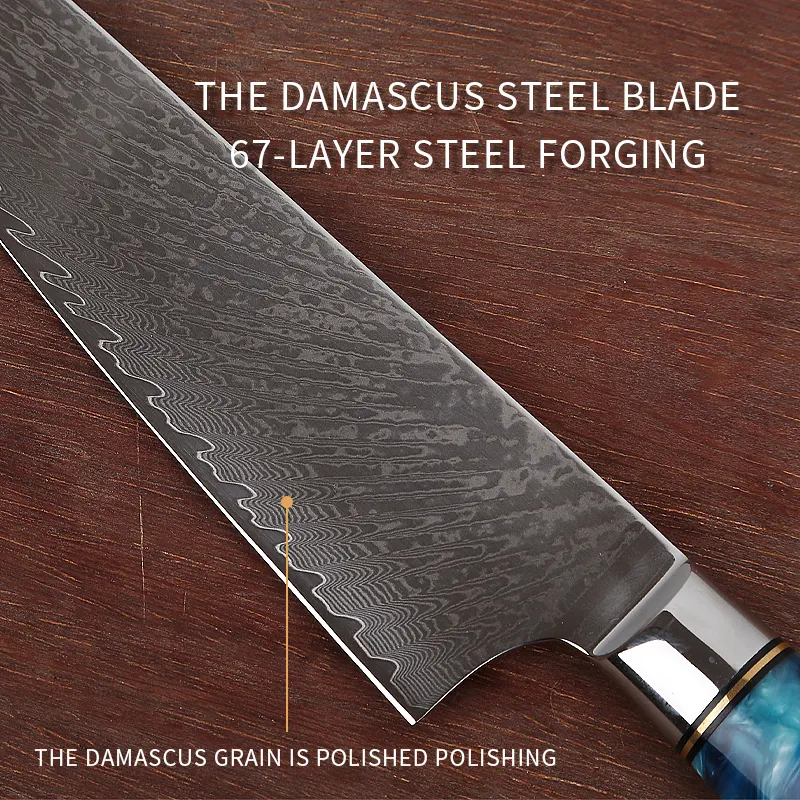 Conjunto de facas de cozinha em aço Damasco com cabo de resina azul de alta qualidade, conjunto de facas de chef de aço Damasco com 67 camadas