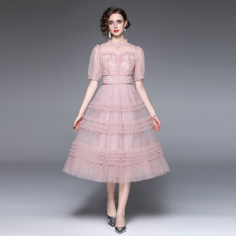 Sweet Women Fashion Lace Patchwork Puff Sleeve Long Cake Dress