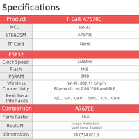 Carte de développement LILYGO T-Call A7670 4G 2G ESP32 A7670E Réseau cellulaire LTE GSM Module sans fil WiFi Bluetooth ESP32-WROVER-E