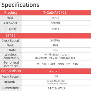 Placa de Desarrollo LILYGO T-Call A7670 4G 2G ESP32, Módulo Inalámbrico A7670E LTE GSM con Red Celular, WiFi y Bluetooth ESP32-WROVER-E - Product Image 4