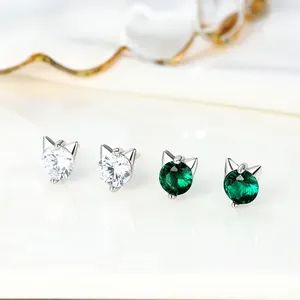 Lovely 925 sterling silver cat animal simple mini CZ diamond stud earrings for women girls