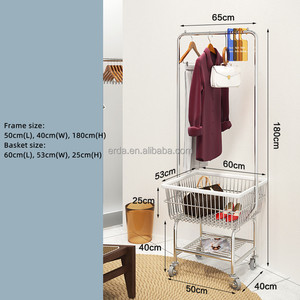 Support de rangement en fil métallique pour majordome de blanchisserie avec panier à linge roulant et porte-manteau pour la cuisine, la chambre et le couloir - Product Image 6