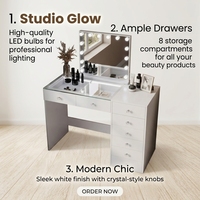 Coiffeuse blanche avec miroir éclairé, plusieurs tiroirs de rangement, table de maquillage moderne, mobilier de chambre OEM ODM