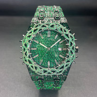 Jam Tangan Quartz Pria Model Bunga Mewah Berlian dengan Zirkon Hijau Besar, Jam Tangan Fashion Hip Hop Terbaru