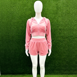 <b>Pink</b> Women's Canvas Vintage <b>Crop</b> Shirt Set Half Sleeve Shorts Solid Color Breathable Sportswear Casual Outfit Plus Size - Product Image 1