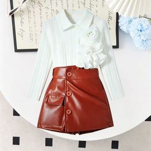 Toddler Girl's Clothes Set 2026 Autumn <strong>White</strong> Long Sleeve Shirt + Brown Pu <strong>Leather</strong> <strong>Skirt</strong> 2 Pcs Fashion Set - Product Image 5