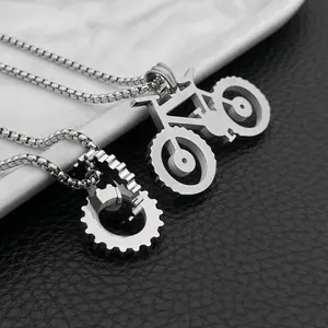 Custom Punk Jewelry Stainless Steel Mens Fashion Lovely Crystal Bike Bicycle Gear Necklace Pendant