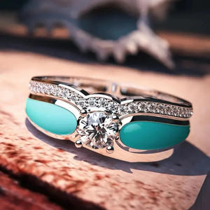 T0879 Women's 18K Solid <b>Gold</b> Engagement <b>Ring</b> With Round Brilliant Diamond Pave Setting And <b>Turquoise</b> Inlay - Product Image 1