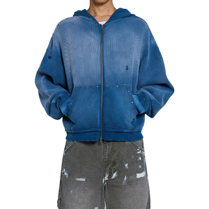 Sweat à capuche zippé en coton gaufré bleu personnalisé pour homme, effet délavé et vieilli, avec clous, coupe oversize - Product Image 1