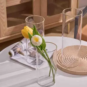 Customized Tall Cylinder Transparent Crystal Glass Vase Wedding Table Decoration Flower Vase For Home Decor