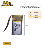 Batterie polymère au lithium 601218 3,7 V 90 mAh pour casque sans fil, lunettes 3D, bracelet intelligent, GPS, DVR, jouets