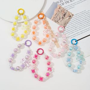 Porte-clés Kawaii en perles acryliques AB, dragonne anti-perte pour téléphone, avec nœud mignon et fleur, cordon de poignet coloré pour filles - Product Image 2