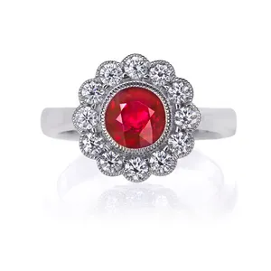 SGARIT Gold Jewelry 14K White Gold 0.90 Carat Moissanite Cluster Ring With Round Lab Grown Ruby Classic Gemstone Ring