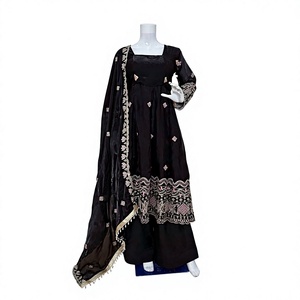 <b>Black</b> Silk <b>Traditional</b> <b>Indian</b> Pakistani Wedding <b>Dress</b> Floor-Length Loose Fit Embroidered Women's Ethnic Set - Product Image 1