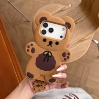 Coque en silicone pour iPhone 17 air 16 15 14 Pro Max en caoutchouc souple marron avec accessoires et couverture arrière mignonne 3D Cartoon Bow Biscuit Bear