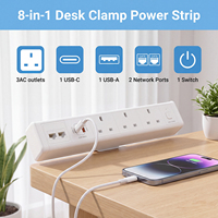 Multiprise de bureau à fixation murale en alliage d'aluminium, 3 prises, rallonge avec 2 ports RJ45 CAT6, USB-C 20W, 2500W, CE pour le bureau