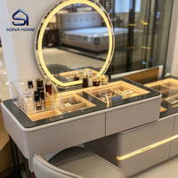 Ensemble de coiffeuse avec miroir éclairé rond et armoire de rangement intégrés à LED