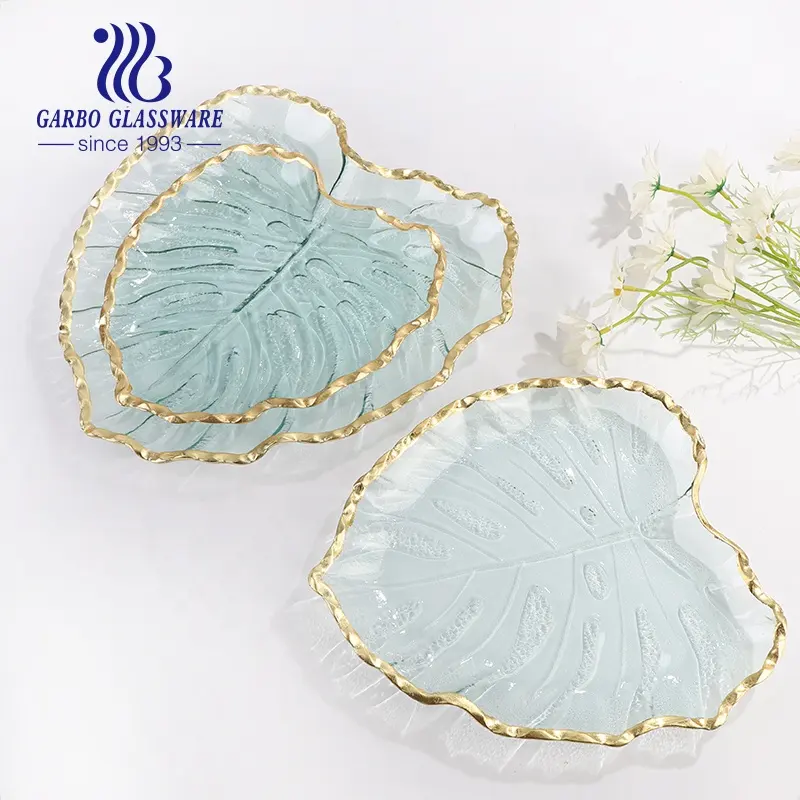 Gold rim glass fruit tray charger plates luxury Christmas gift tableware decor glass plates heart shape leaf glass dinner plates