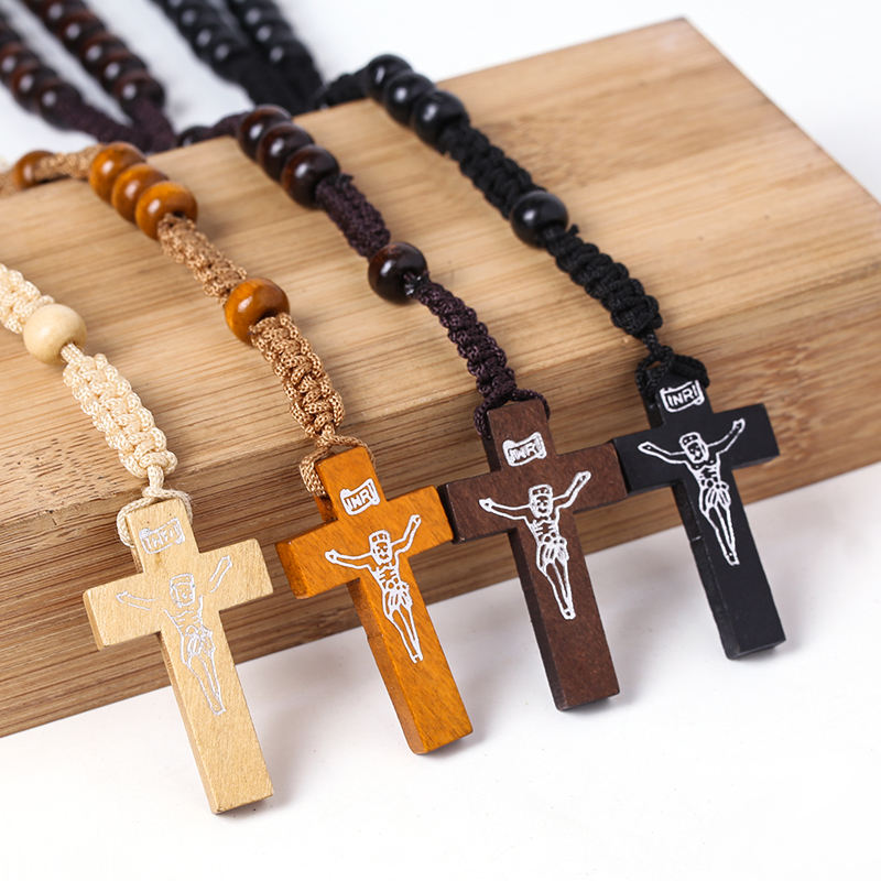 Wooden Rosary Necklace Black Cross Religious Jewelry