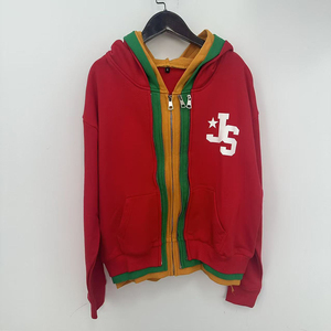 <span class=keywords><strong>Felpa</strong></span> <span class=keywords><strong>con</strong></span> Cappuccio a Doppia <span class=keywords><strong>Cerniera</strong></span> Color Block Rosso Verde Giallo Stile Stratificato <span class=keywords><strong>con</strong></span> Stampa Serigrafica Streetwear - Product Image 1