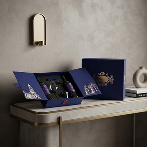 Custom Luxury Wine <strong>Gift</strong> Box, Blue Gate Fold Rigid Packaging Case with Foam Insert for Red Wine, Glasses, and Corporate Gifting - Product Image 6