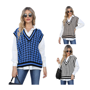 Débardeur en tricot <span class=keywords><strong>sans</strong></span> manches décontracté à col en V en acrylique 100% respirant à motif <span class=keywords><strong>pied</strong></span>-<span class=keywords><strong>de</strong></span>-<span class=keywords><strong>poule</strong></span> pour femmes personnalisé pour l'hiver - Product Image 1