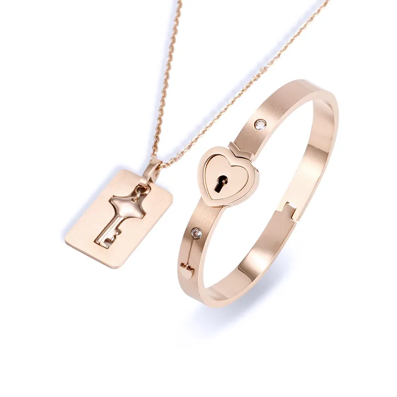 Fashion Couple Jewelry gift Stainless Steel Lock Bracelets 18K Gold Plated Key Pendant Necklace and Lock Bangle Bracelet