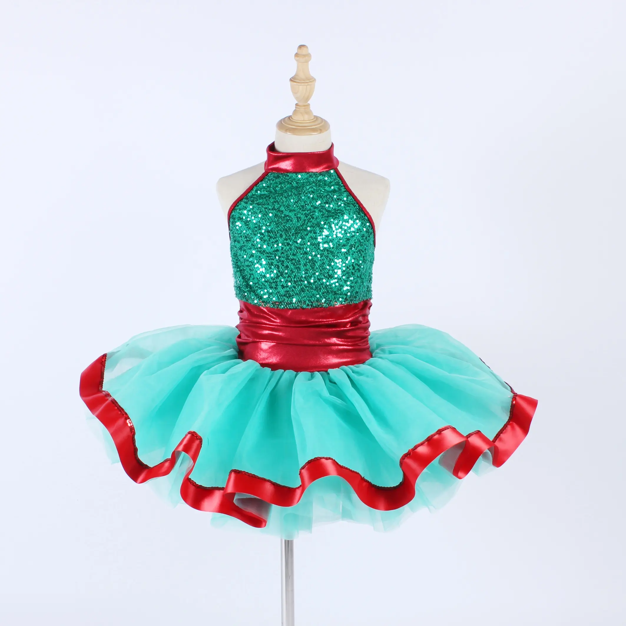 Forest green ballet dance dress shiny sequin children wear charming Stage performance dance skirt