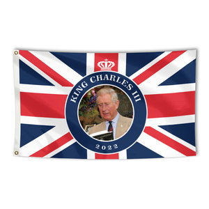 100% Poliéster 3X5Ft Reino Unido <span class=keywords><strong>Rey</strong></span> Carlos III Coronación 2023 Bandera con dos ojales - Product Image 1