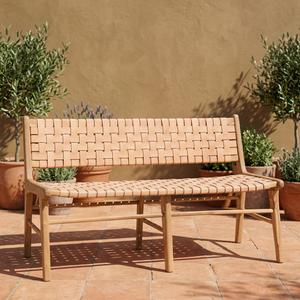 Banc d'extérieur moderne minimaliste en cuir véritable et teck, sans dossier, certifié FLEGT, chaise de salon modulaire, brun clair - Product Image 2