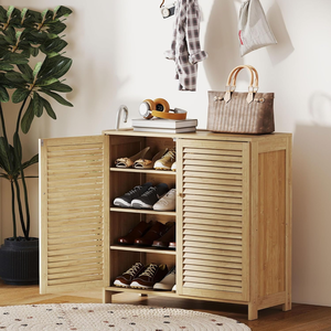 <strong>Shoe</strong> Storage Cabinet with Louvered Doors Adjustable Shelves Footwear Cupboard for Hallway Entryway Natural Wood Finish - Product Image 5