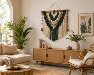 Tapisserie murale en <span class=keywords><strong>macramé</strong></span> Driftwood <span class=keywords><strong>avec</strong></span> perles de <span class=keywords><strong>bois</strong></span> blanches, longues franges et pompons, grande décoration murale bohème pour cheminée et chambre à coucher - Product Image 2