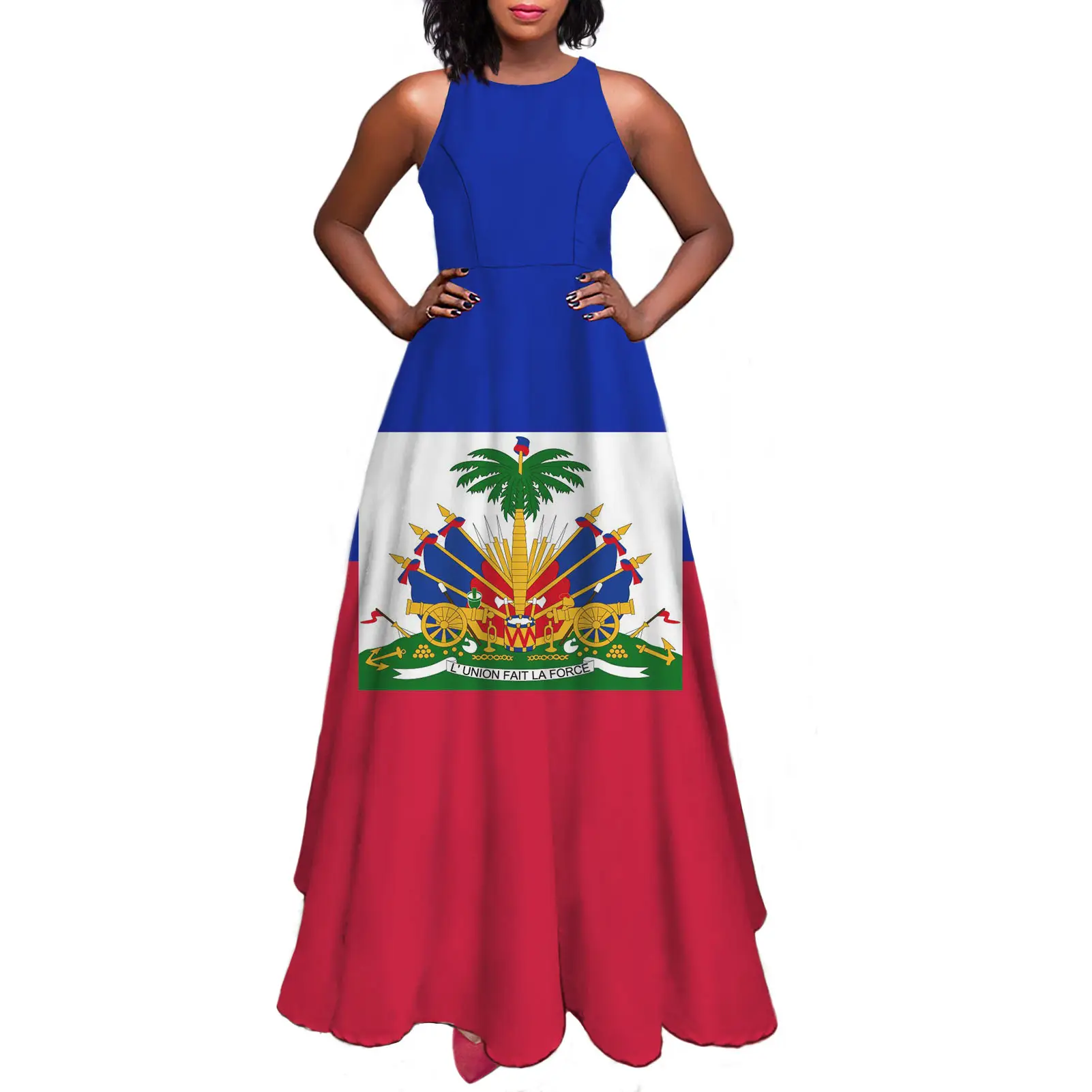 ハイチ国旗プリントハイチロングマキシドレスレディース女性カジュアルサマーノースリーブカジュアルセクシーヴィンテージエンパイアウエストタンクドレス