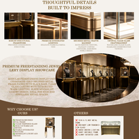 Vitrine à bijoux de luxe en métal doré avec éclairage LED, présentoir à bijoux en verre, meuble de présentation pour boutique de bijoux