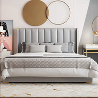 Ensemble de lit King Size moderne de luxe avec cadre en bois blanc, tête de lit double en cuir, meubles de chambre à coucher en bois pour villa